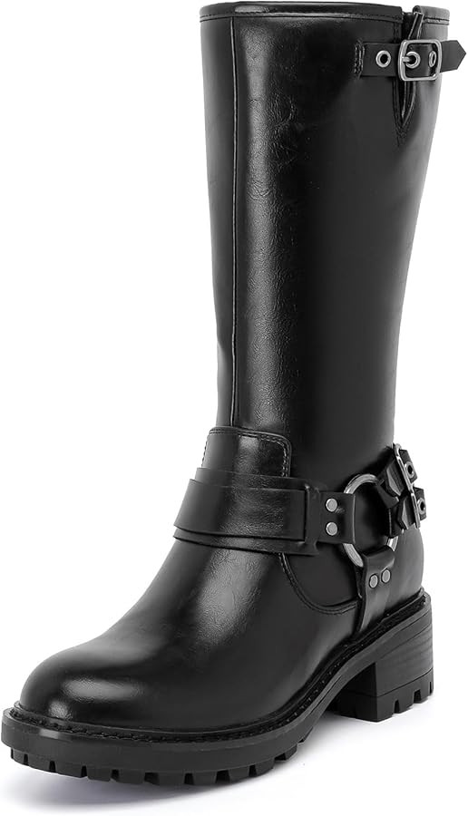 Ruiee Mid Calf Boots for Women Flat Casual Round Toe Fashion Calf High Boot Buckle Dressy Fall an... | Amazon (US)