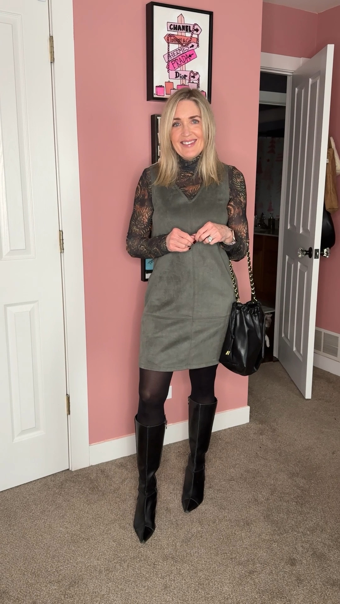 Winter date night outfit. Faux suede mini shift dress, mesh mock neck, tall pointed toe boots. 

Winter outfits for women, fashion over 40, business casual, workwear, date night, mesh top, outfit of the day, ootd, grwm 

#LTKSeasonal #LTKWorkwear