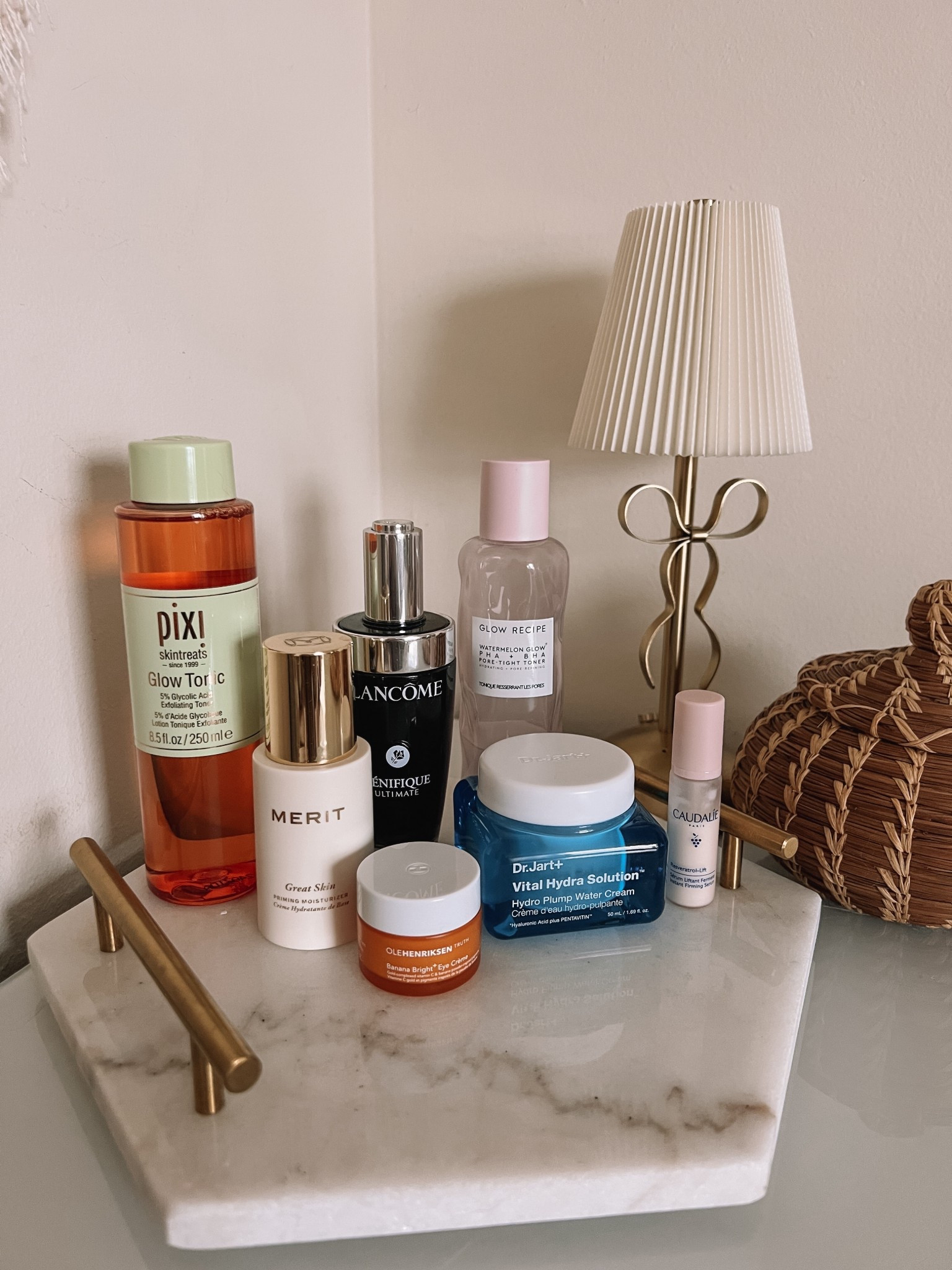 Winter skincare lineup! 
Pixi glow tonic - my 3rd bottle, exfoliates & leaves skin glowing
Merit priming moisturizer - my fave under makeup for my oily skin
Olehenriksen eye cream - my all time fave eye cream, so good under makeup
Lancôme serum - best serum I’ve used, leaves skin so smooth
Dr Jart moisturizer - so hydrating, I use this at night
Glow Recipe toner - makes my pores disappear 
Caudalie Reservatrol Lift - new to me retinol alternative that I’m loving so far 


#LTKwinter #LTKbeauty