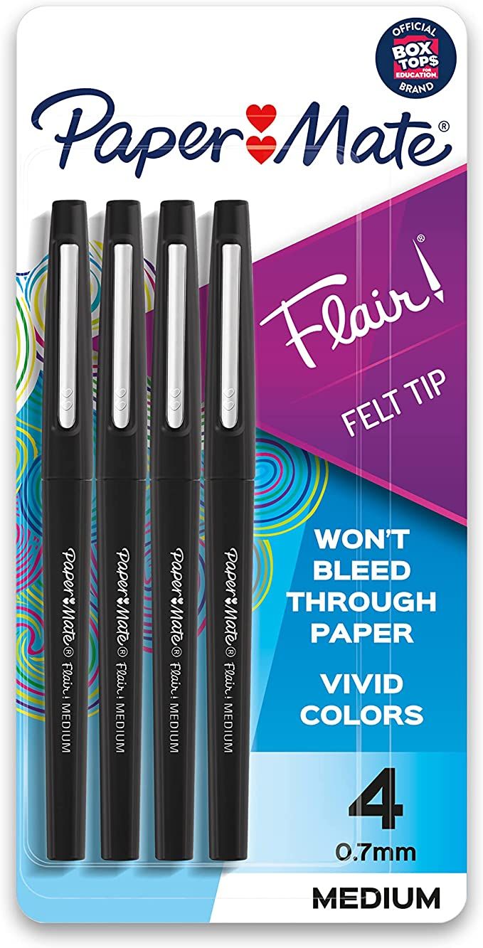 Paper Mate Flair Felt Tip Pens, Medium Point (0.7mm), Black, 4 Count | Amazon (US)