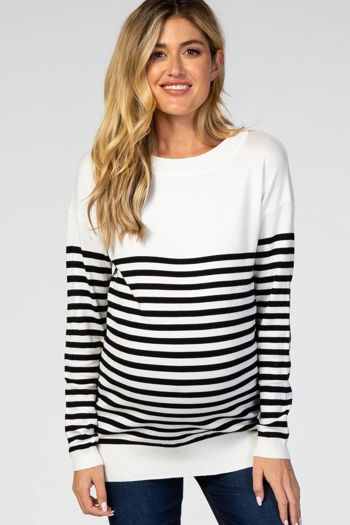 PinkBlush Ivory Striped Elbow Patch Knit Maternity Sweater | PinkBlush Maternity