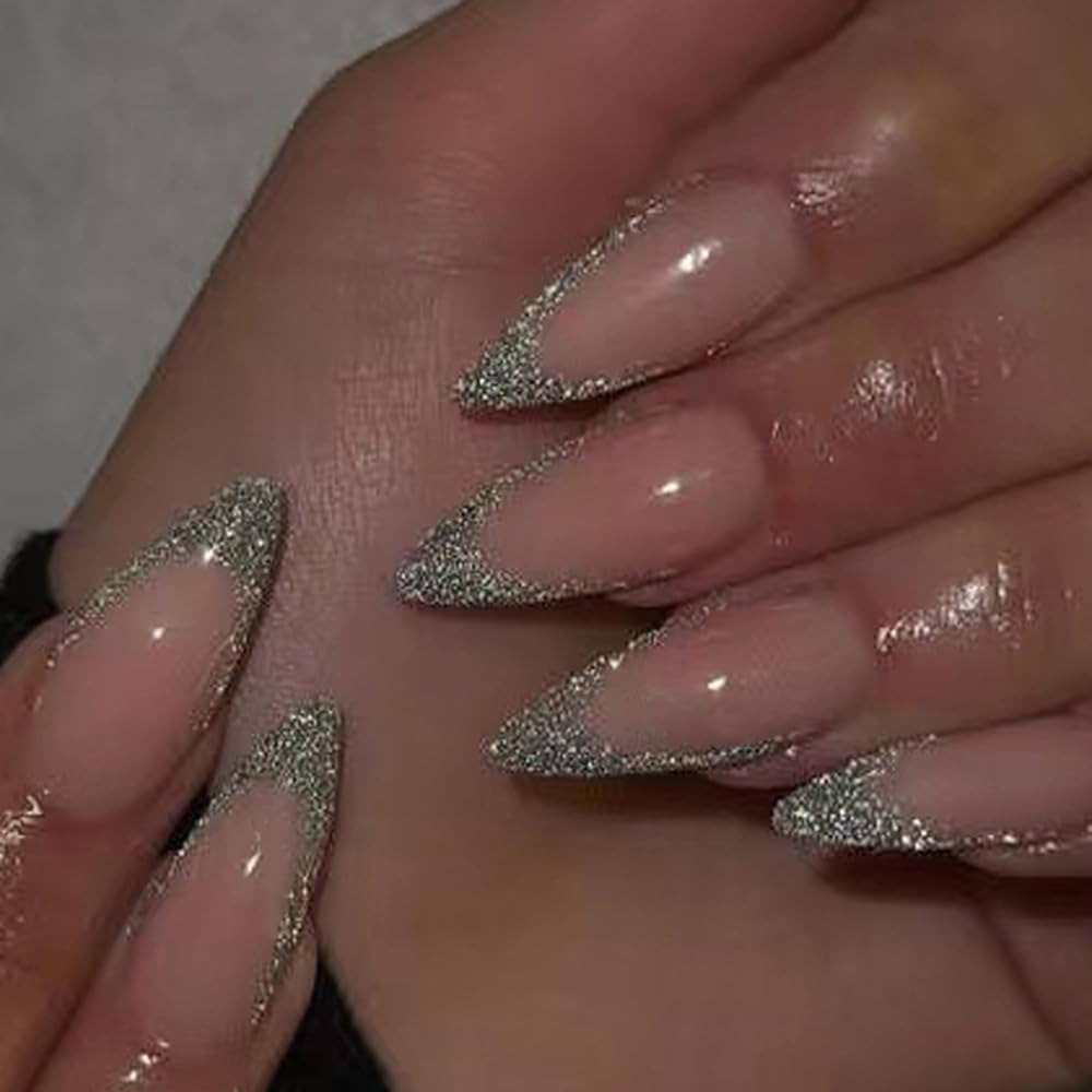 Silver French Tips Fake Nails Long Almond Press on Nails with Sparkly Design, Glossy Glitter Fals... | Amazon (US)