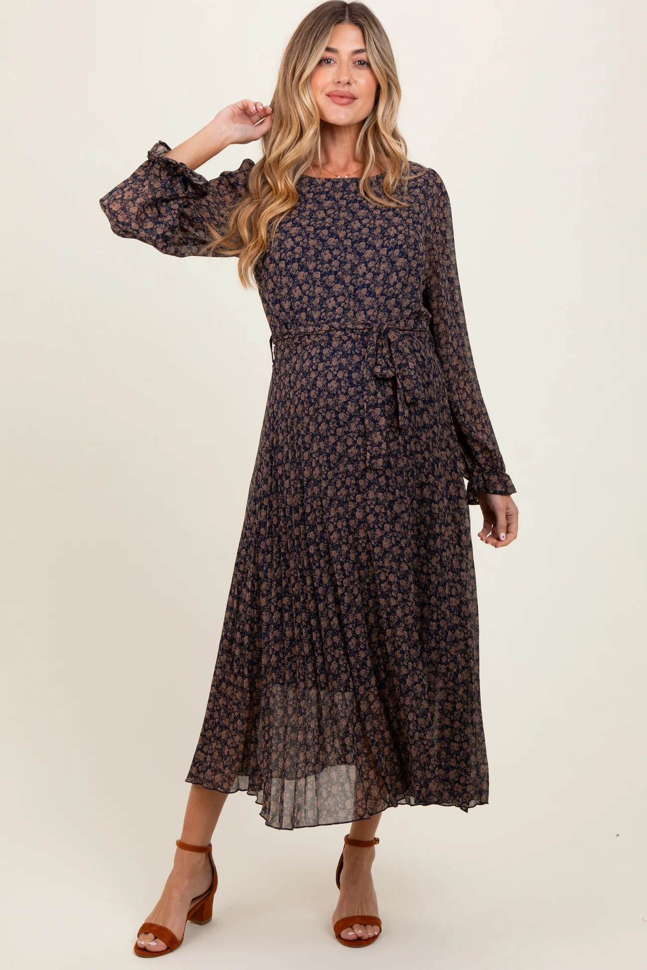 Navy Blue Floral Front Tie Pleated Maternity Midi Dress | PinkBlush Maternity