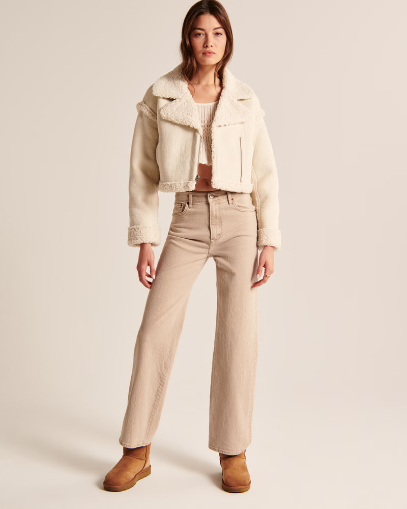 Women's Cropped Vegan Suede Shearling Jacket | Women's New Arrivals | Abercrombie.com | Abercrombie & Fitch (US)