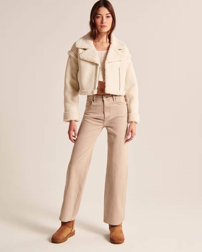 Women's Cropped Vegan Suede Shearling Jacket | Women's | Abercrombie.com | Abercrombie & Fitch (US)