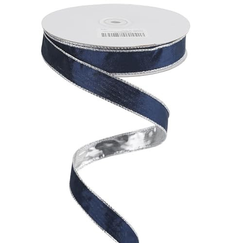 MEEDEE Navy Blue and Silver Velvet Ribbon - 1 Inch Thin Velvet Wired - 25 Yards Spool - Two Tone - for Christmas Tree, Gift Wrapping, Tree Bows, Wreaths, Crafts | Amazon (US)