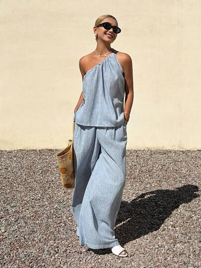 Livesso Spring & Summer Fashion Blue Asymmetrical Shoulder Crop Top & Straight Leg Casual Pants 2-Piece Set, Elegant For Business, Leisure, Home, Vacation Boho Lounge Sets For Women Short Sets For Women | SHEIN