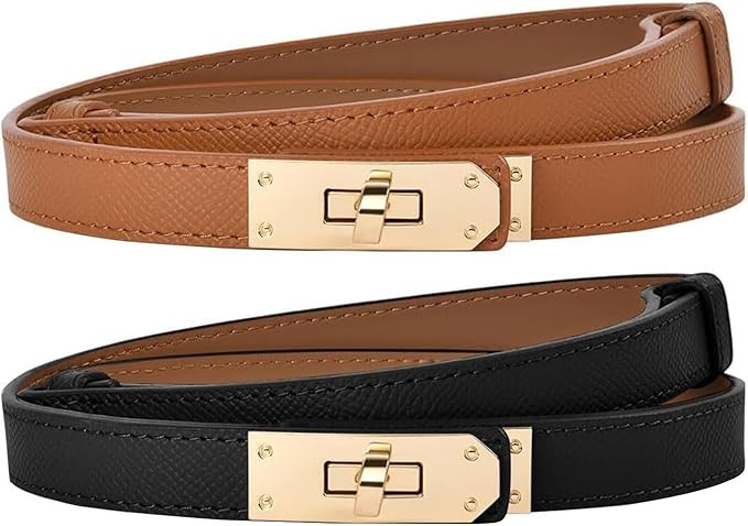 AYNKH 2PCS Women Skinny Leather Belt, Adjustable Fashion Slim Thin Waistband Alloy Turn Lock Buck... | Amazon (UK)