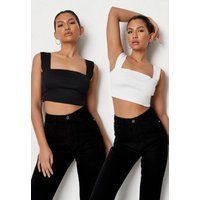 Black And White 2 Pack Ribbed Square Neck Crop Top | Missguided (US & CA)