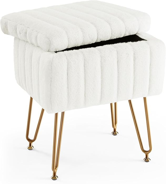 Sweetcrispy Vanity Stool Chair with Storage, Ottoman Faux Fur Soft Padded Makeup Footstools Seat ... | Amazon (US)