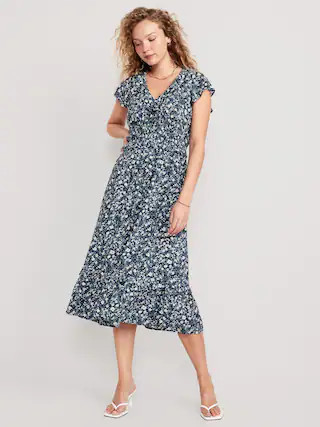 Waist-Defined Flutter-Sleeve Floral Midi Dress for Women | Old Navy (US)