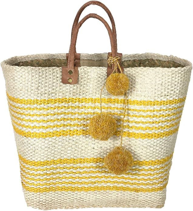 Mar Y Sol Caracas Striped Market Tote Bag Pom Pom, Natural Sunflower Yellow | Amazon (US)
