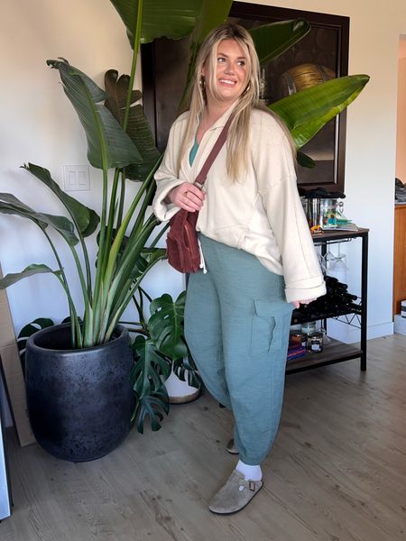 These cargo pants are amazong! They are like a lightweight linen but lined so you can wear them now and into the spring/summer! I sized up to an xl. Love the fit. My pullover is so soft!! I’m in an xl, runs really oversized. 

#LTKSeasonal #LTKFind #LTKsalealert