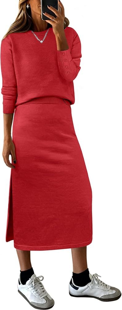 ANRABESS 2 Piece Skirts Sets For Women Fall Fashion 2025 Striped Sweater Midi Dress Knit Lounge T... | Amazon (US)