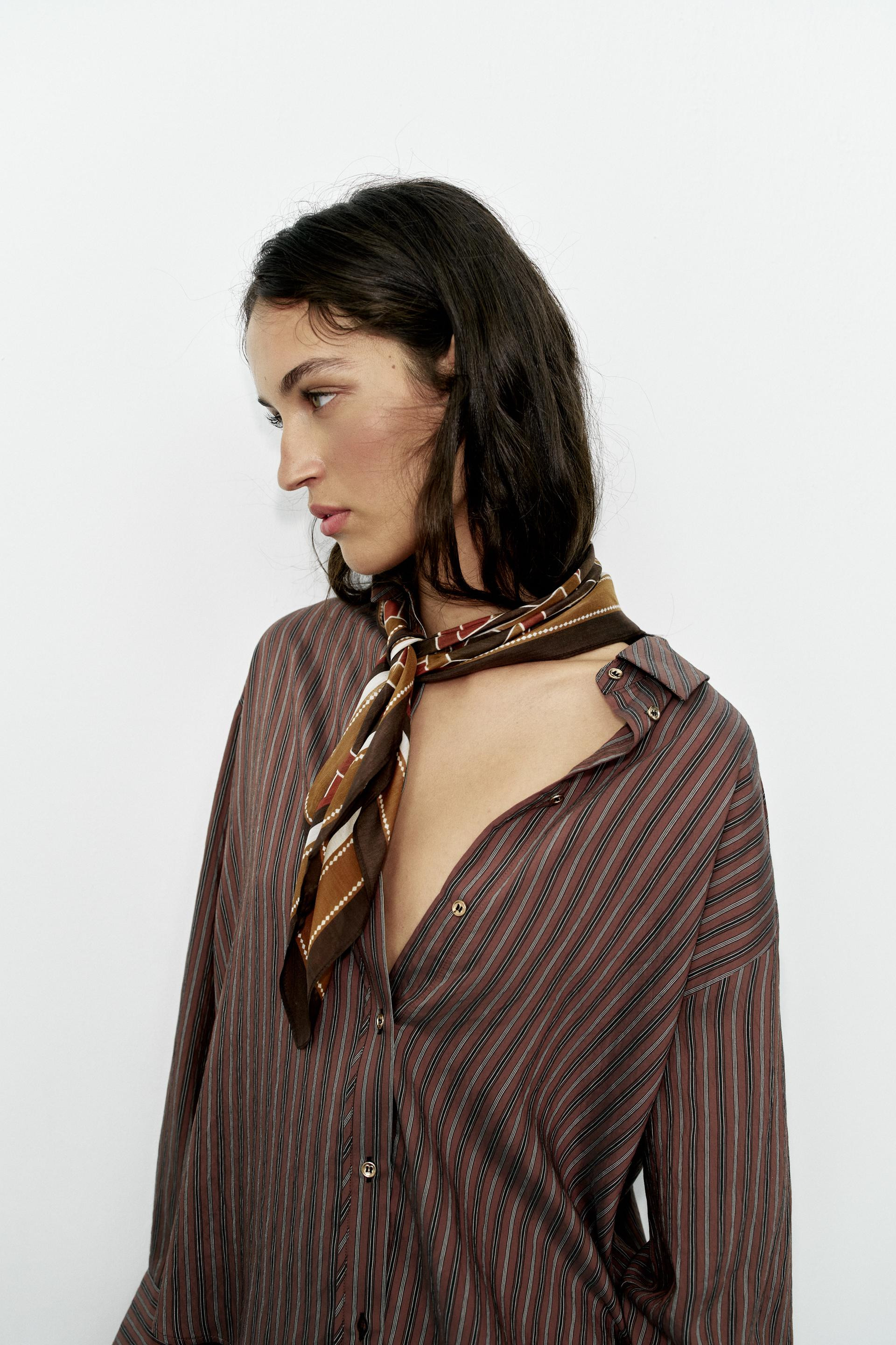 Zara - Geometric Print Silk Scarf - Brown - M - Woman | Zara US