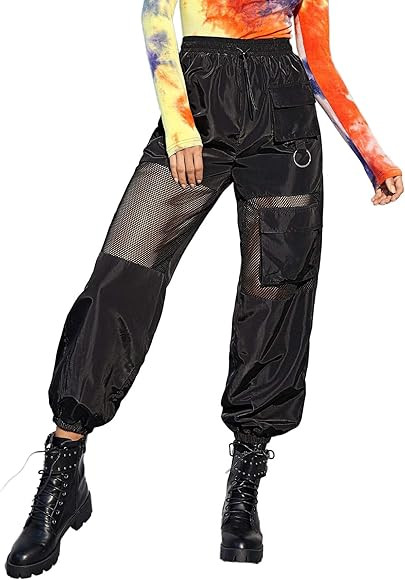 Floerns Women's High Waisted Sporty Drawstring Mesh Paneled Cargo Pants | Amazon (US)