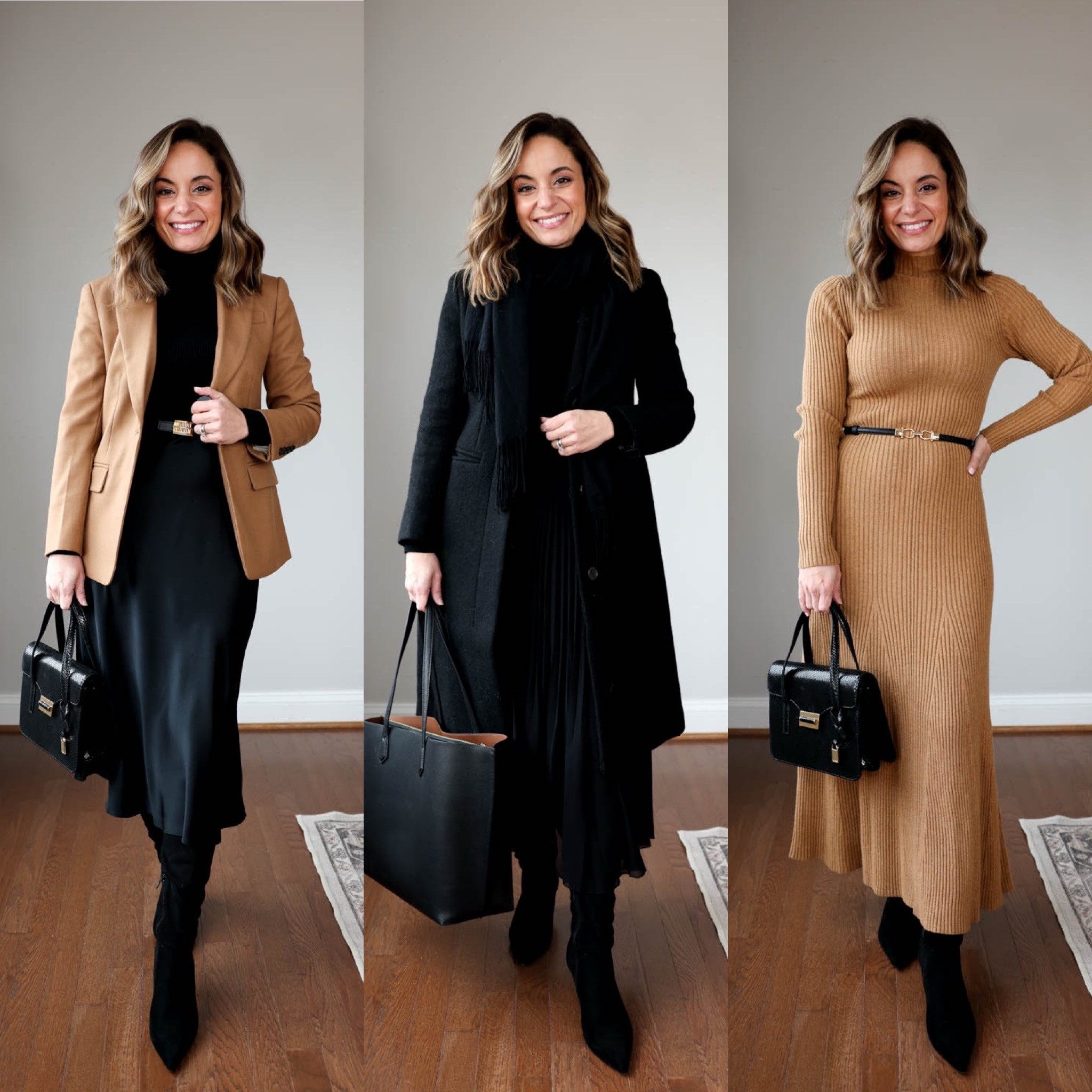 Dresses and skirt for work! 

Camel blazer (J.Crew): petite 00 
Black silk skirt (Quince): xs (wearing Spanx shorts in a size small underneath)
Black turtleneck (Aritzia): xs 
Black pleated skirt (Aritzia): xs 
Black coat (J.Crew): petite 00 - slim through the arms 
Camel dress (Gap): petite xs - also linking a v-neck style with a similar fit 
Boots: tts 

My measurements for reference: 4’10” 105lbs bust, waist, hips 32”, 24”, 35” size 5 shoe. 25” inseam measurement to my ankle bone.

#LTKWorkwear #LTKStyleTip