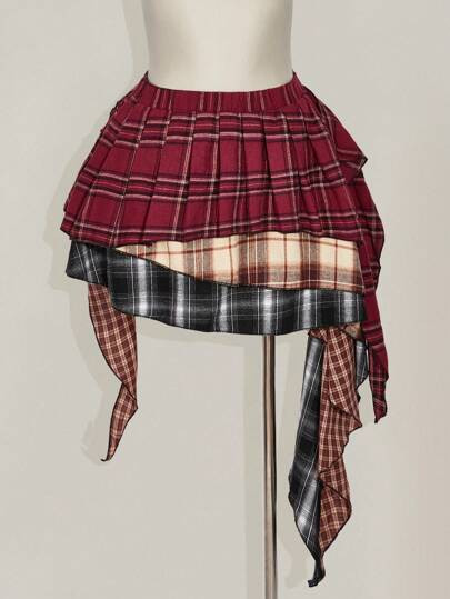SHEIN ICON Plus Size Asymmetrical Plaid Patchwork Pleated Skirt | SHEIN