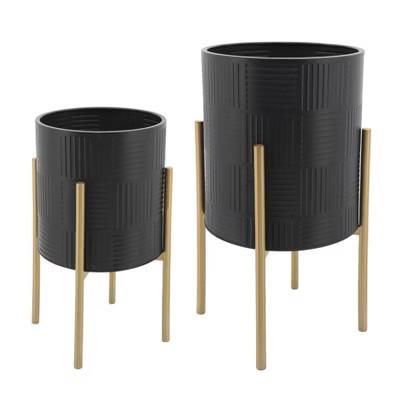 Sagebrook Home 14" Wide 2pc Planter Pot with Lines on Metal Stand Black/Gold | Target