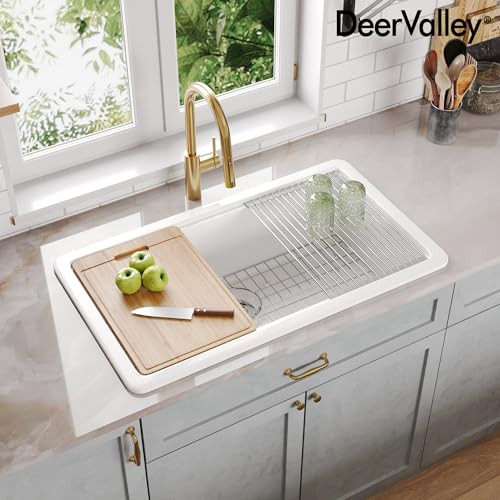 DeerValley Farmhouse Workstation Kitchen Sink, 33" L x 20" W Fireclay Undermount Sink, Single Bowl Deep Drop-in Modern Sinks with Workstation Accessories | Amazon (US)