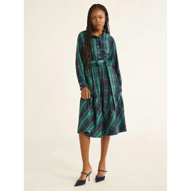 Free Assembly Women’s and Women's Plus Cotton Ruffle Midi Dress with Long Sleeves, Sizes XS-4X | Walmart (US)