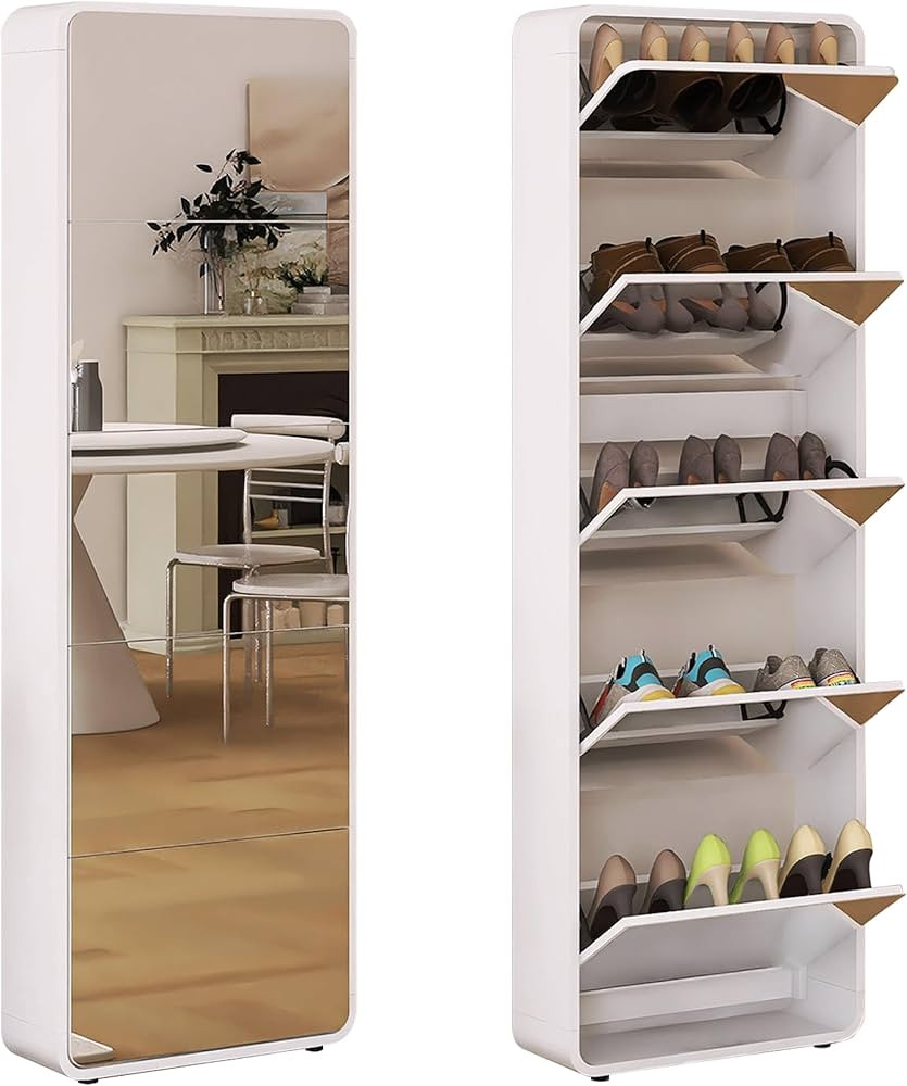 Shoe Storage Cabinet for Entryway, 5 Tiers Full Length Mirror Shoe Organizer, Wooden Narrow Shoe ... | Amazon (US)