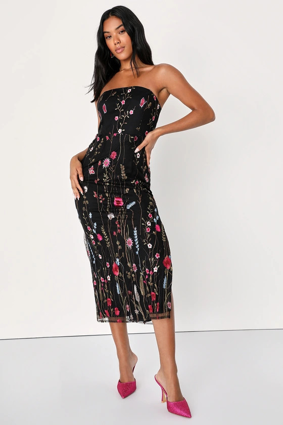 Bold Botanicals Black Floral Embroidered Strapless Midi Dress | Lulus