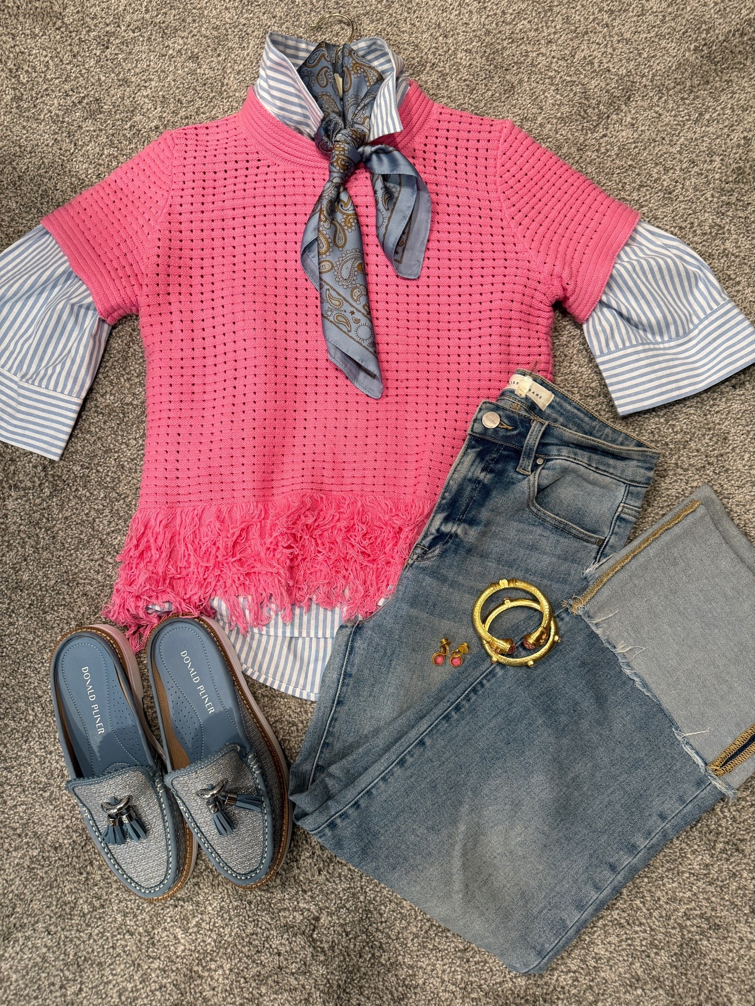 Outfit inspo…

Taking your summer sweater into Fall🍂

This cute fringe sweater 
Fits tts and comes in several colors 💕

Layered underneath to take the look into fall is a blue and white striped 3/4 sleev top fits tts and so affordable 

Add interest with bow scarf at neck 

Large cuff risen jeans “scout” my best selling jeans under $80 feels and fits like premium denim I wear the 27 in resin jeans 

Gold & pink bracelets & earring by Julie voz 

Tassel loafer slides by Donald Pilner fit tts 

So cute and an outfit you can wear to teach, casual Friday but still elevated and business appropriate.
Cute for girls lunch, zoom meeting  etc

#LTKgrwm #LTKootd #LTKOver40