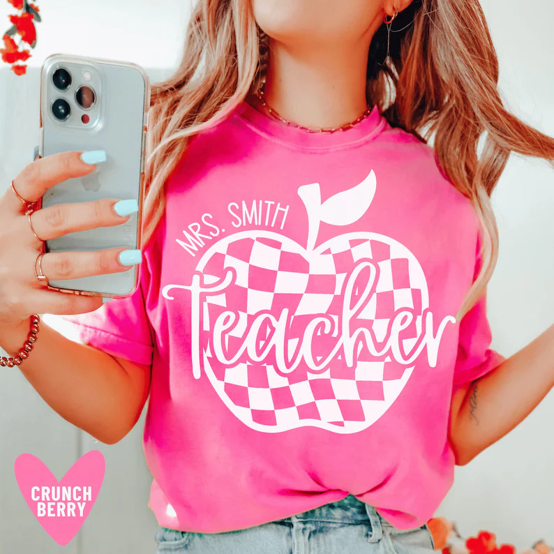 Custom Teacher Shirt Teacher Shirt Pink Trendy Teacher Appreciation Gifts Retro Apple Teacher Nam... | Etsy (US)