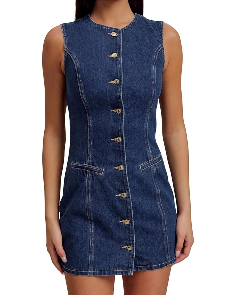 Women's Denim Mini Dress Sleeveless Crewneck Button Up Bodycon Stretchy Casual Jean Tank Dresses | Amazon (US)