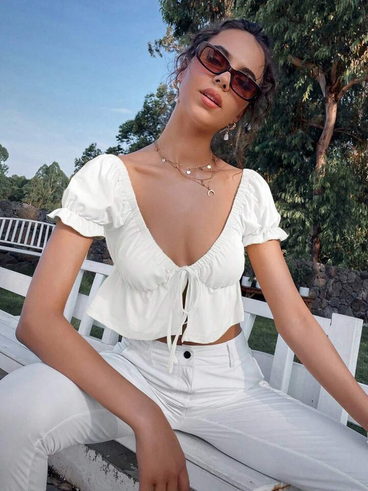 SHEIN Qutie Solid Puff Sleeve Ruffle Hem Top | SHEIN