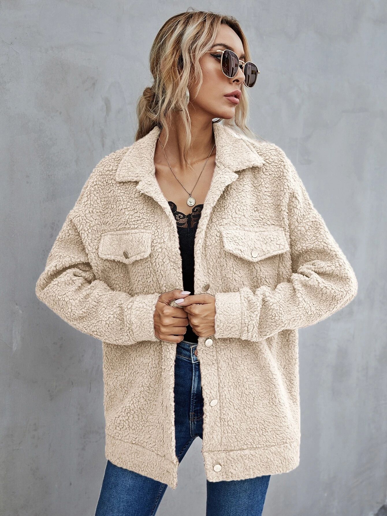 Flap Detail Teddy Jacket | SHEIN