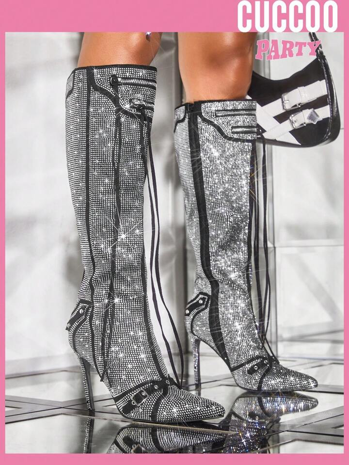 Cuccoo Party Collection Women Shoes Pointed Toe Full Rhinestone Decor High Heel Fashion Boots Val... | SHEIN