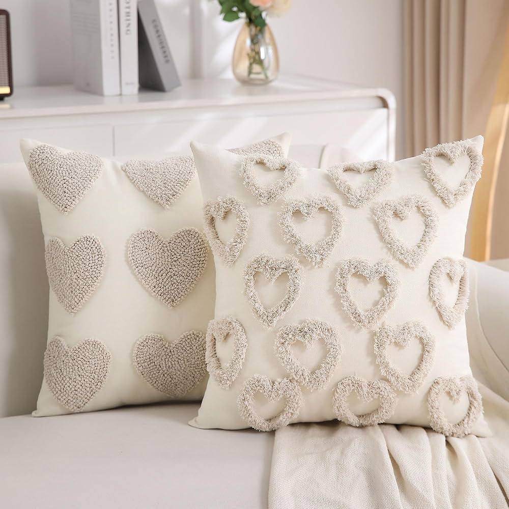 Heart Love Cute Beige Valentines Throw Pillow Covers 18x18 Inch Set of 2 Valentines Day Pillow Co... | Amazon (US)