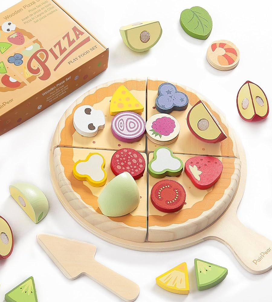 PairPear Wooden Pizza Toy Cutting Play Food Set, Kids Pretend Play Kitchen Accessories, Wooden Ki... | Amazon (US)