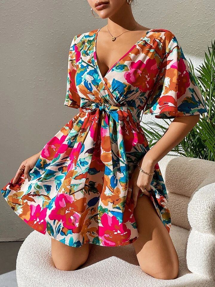 SHEIN VCAY Floral Print Surplice Neck Belted Dress | SHEIN