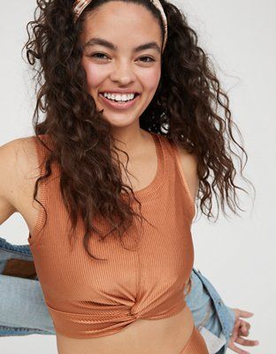 OFFLINE Ribbed Shine Twist Front Sports Bra | American Eagle Outfitters (US & CA)
