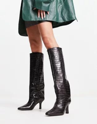 ASOS DESIGN Cydney premium leather pull on knee boots in black croc | ASOS (Global)