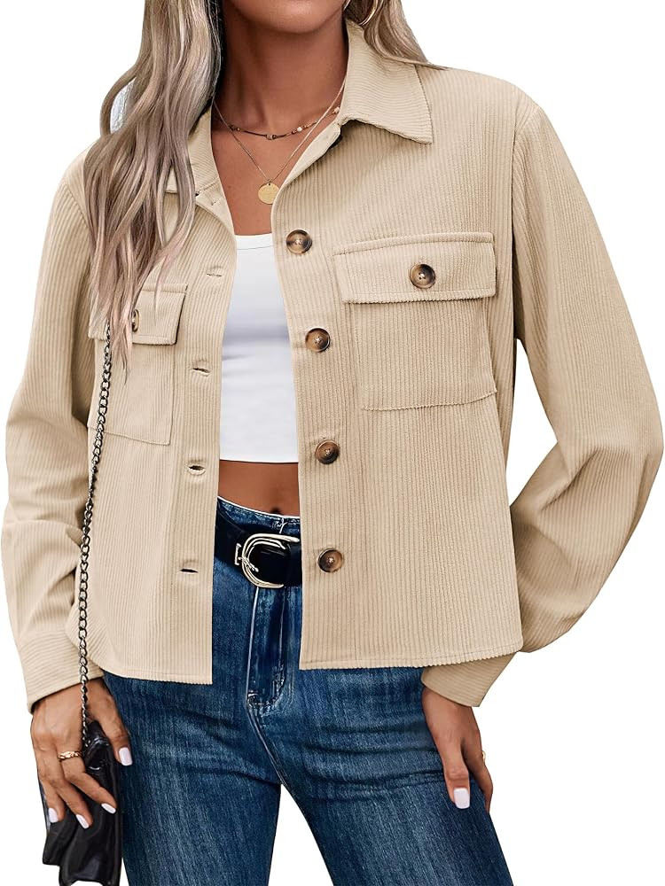 Zeagoo Womens Fashion Cropped Corduroy Shackets Button Down Jackets Tops Fall Trendy Lightweight ... | Amazon (US)