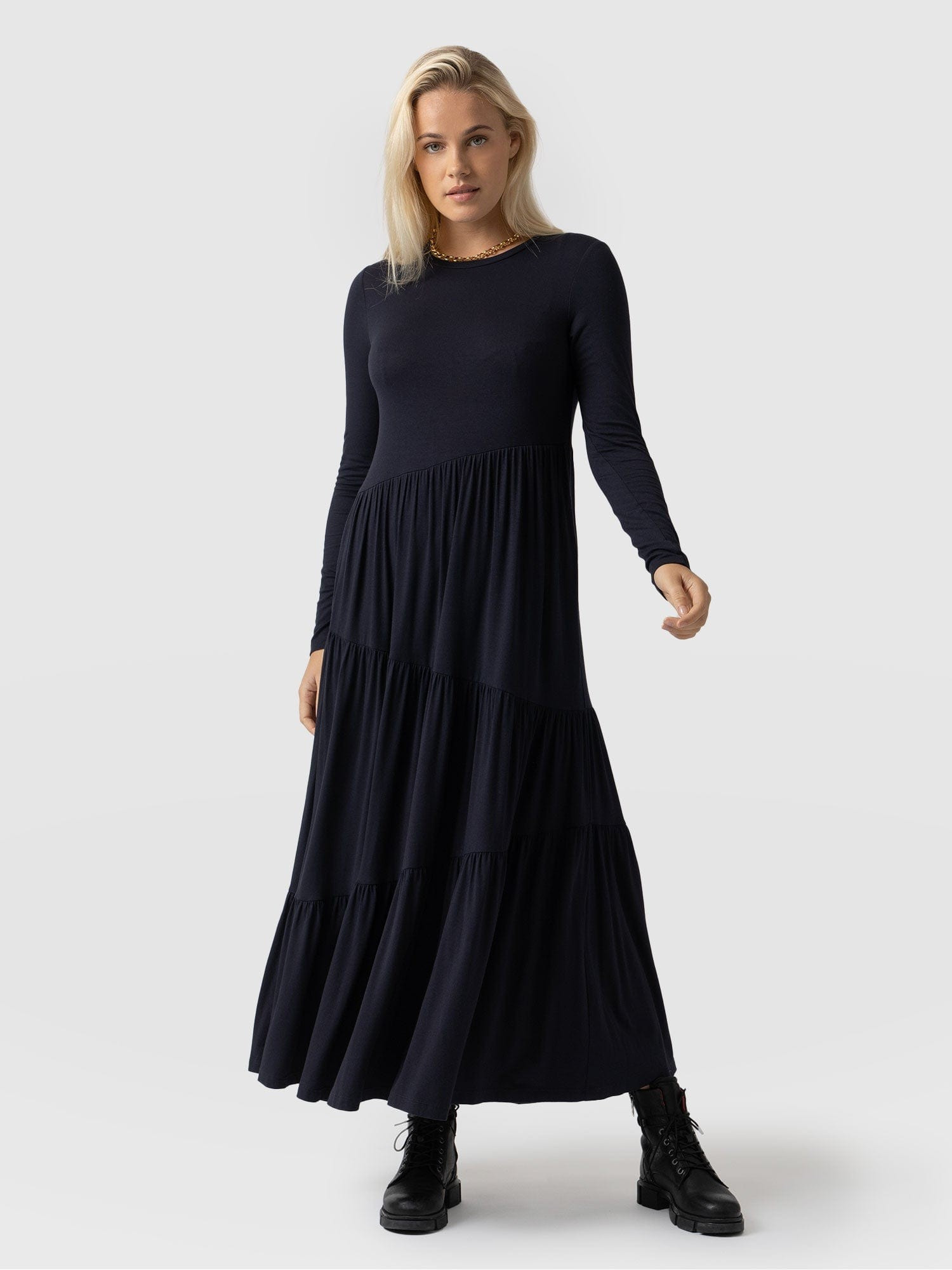 Greenwich Dress Asymmetric Long Sleeve - Navy | Saint + Sofia (Global)