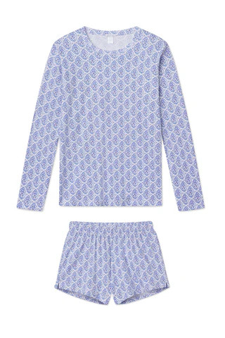Pima Long-Short Crew Set in French Navy Medallions | Lake Pajamas