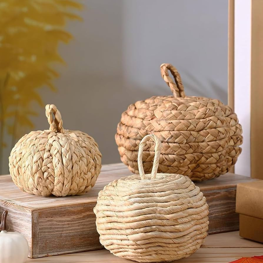 Wonderjune 3 Pcs Rattan Wicker Pumpkin Artificial Fall Woven Pumpkin Decor | Amazon (US)