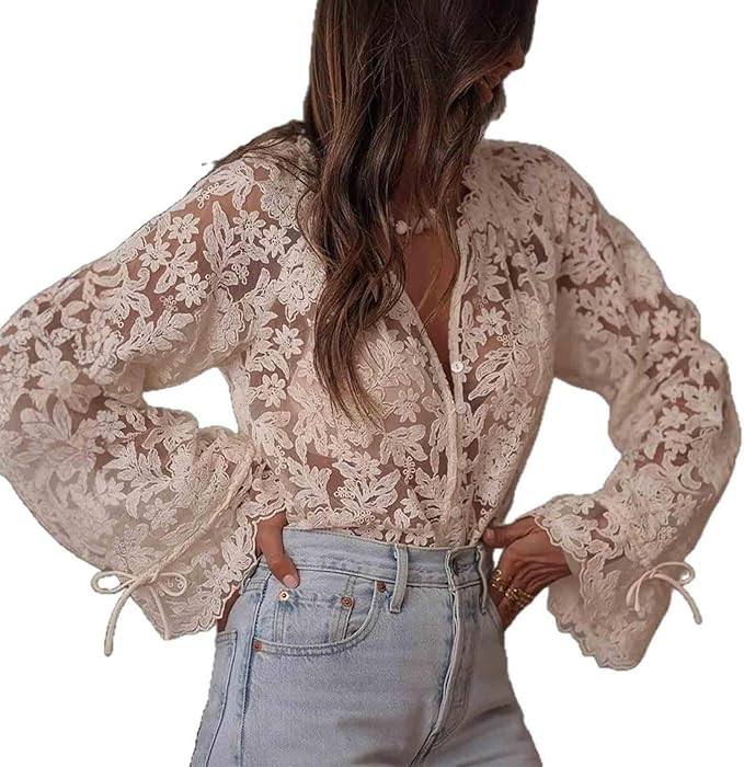 Women's Sexy Hollow lace Shirt with Flower Pattern V-Neck Long Sleeved Cardigan top | Amazon (US)