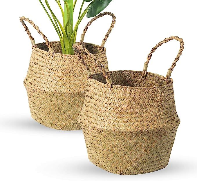 BrilliantJo Seagrass Belly Basket, Set of 2 Woven Plant Pot Holder handmade Home Decor for Storag... | Amazon (US)