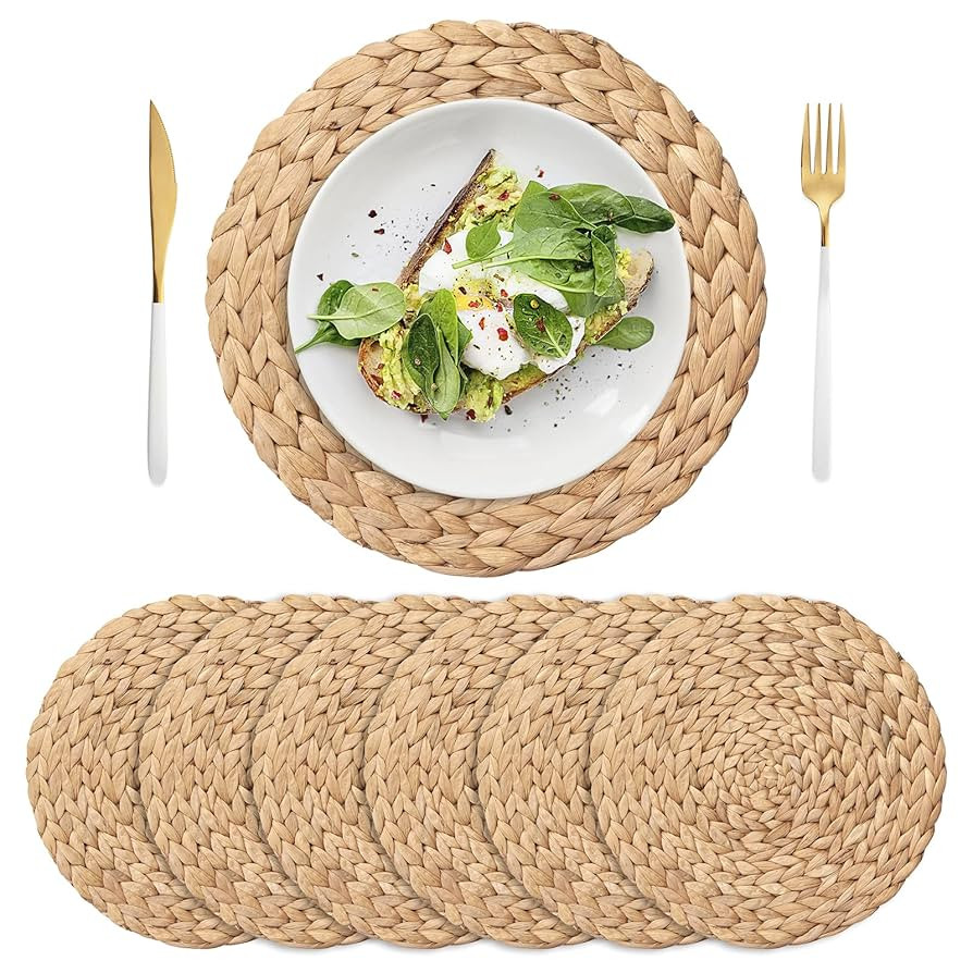 6 Pack 11.8" Woven Placemats, Natural Hand-Woven Water Hyacinth Placemats, Round Braided Rattan T... | Amazon (US)