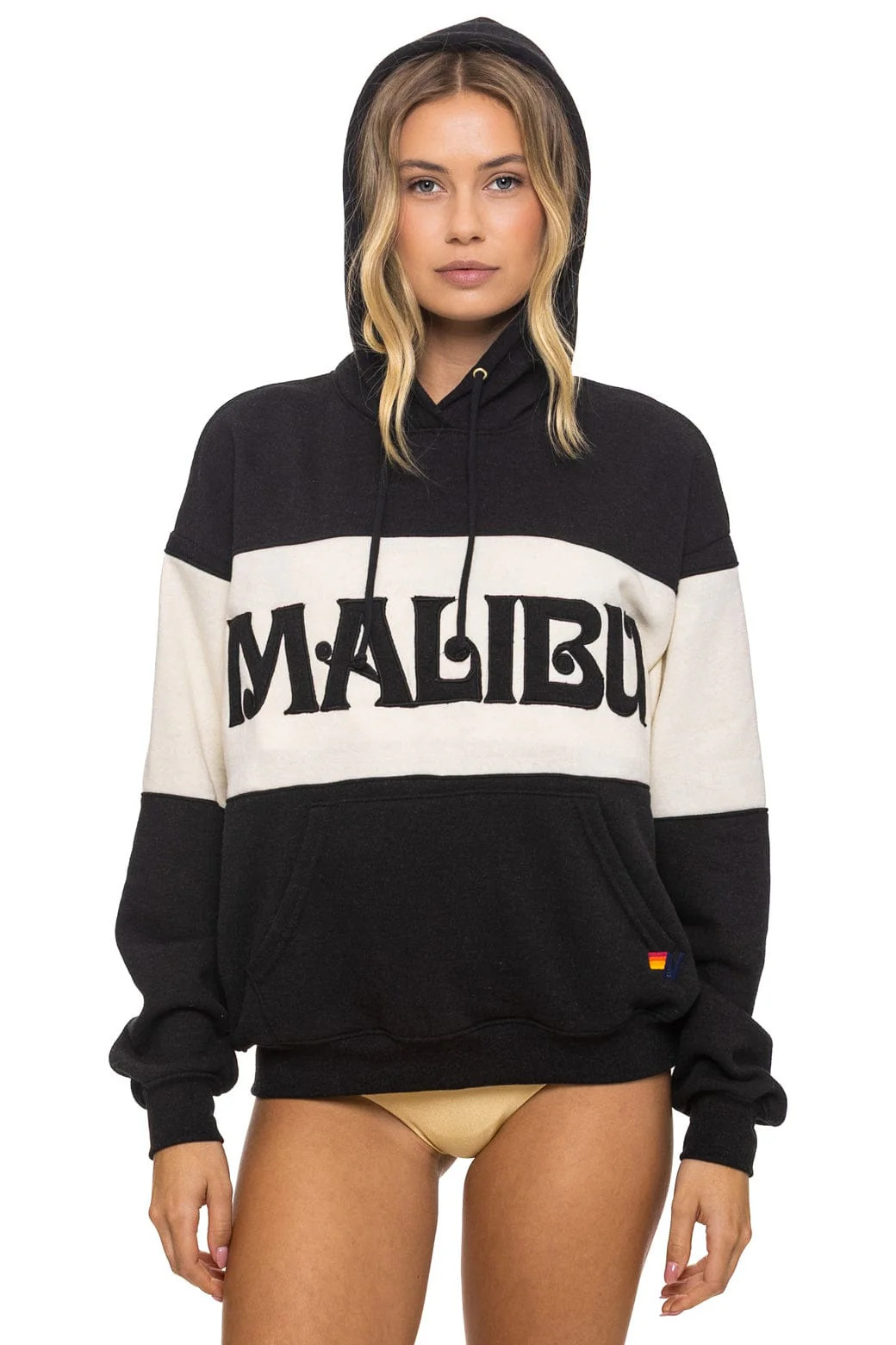 MALIBU EMBROIDERY COLOR BLOCK PULLOVER HOODIE RELAXED - BLACK // VINTA | Aviator Nation