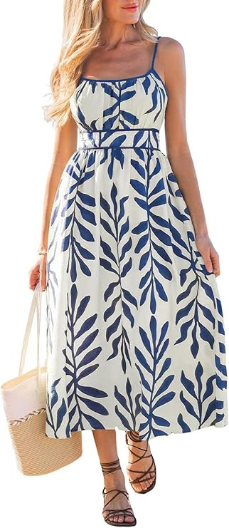 CUPSHE Women's Summer Dresse Floral Boho Ruched Flowy Ruffle Vacation Hawaiian Cami Smocked Midi ... | Amazon (US)