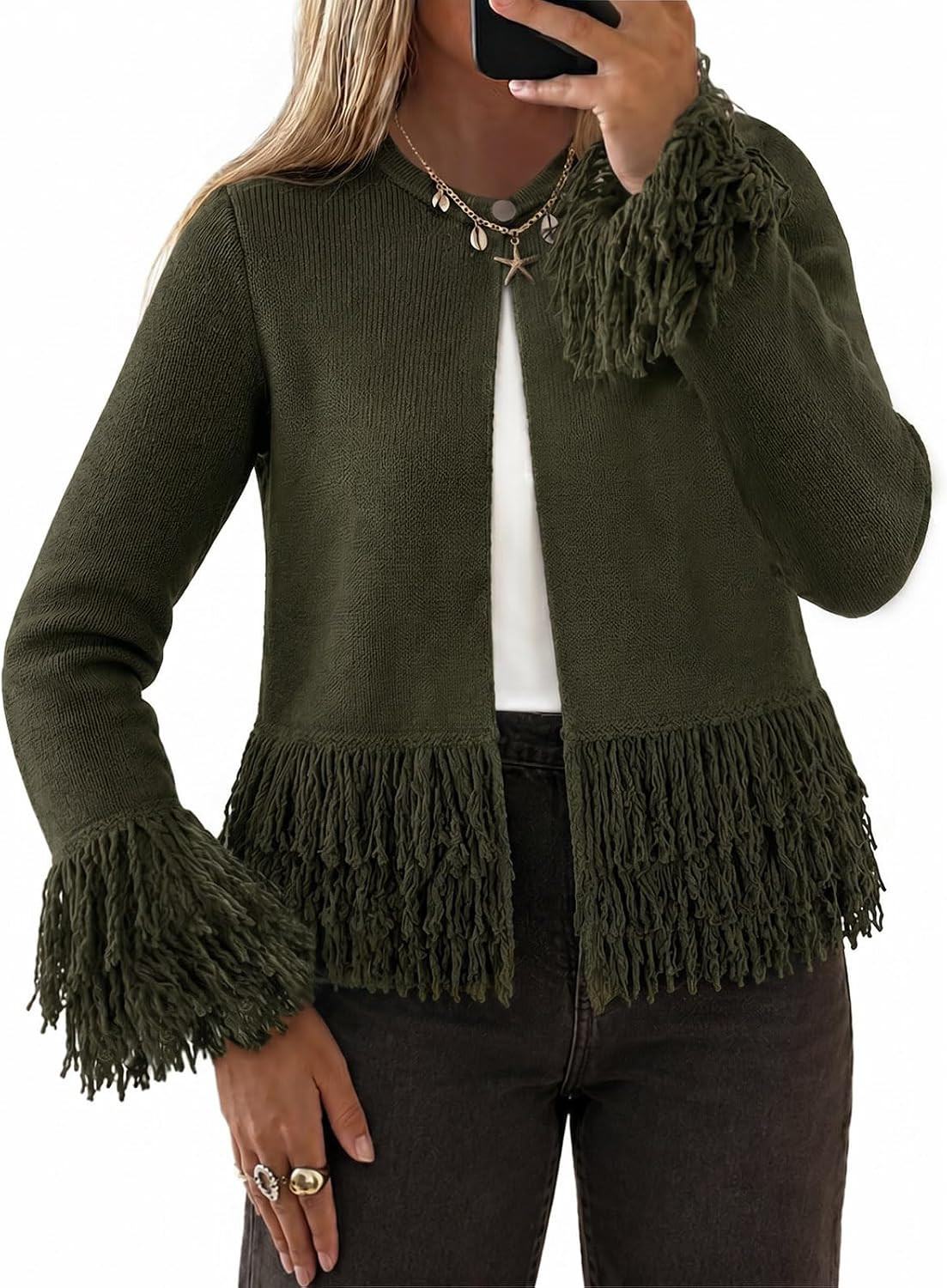 Yousify Fringe Tops for Women Crew Neck Button Down Crochet Cardigan | Amazon (US)