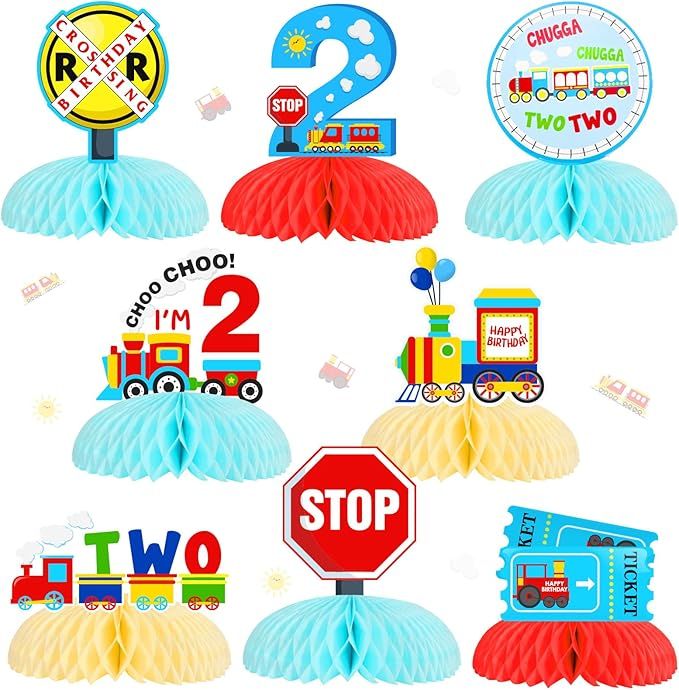 Train Birthday Decorations for 2 Year Old Boy, Railroad Train Crossing Theme Honeycomb Centerpiec... | Amazon (US)