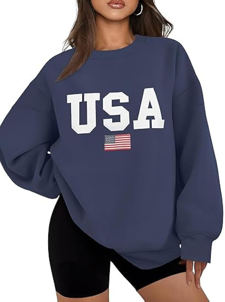 Lacozy Womens USA Graphic Sweatshirts American Flag Crewneck Long Sleeve Sweater Loose Fleece Top... | Amazon (US)